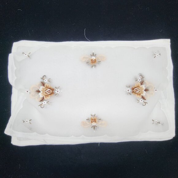 Shear Machine Embroidered Table Runner Mats Napkins Vintage Brown Roses - Picture 3 of 11